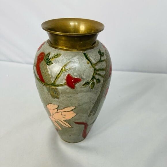 chinese cloisonne brass enamel Vase Gray Floral Birds 7.5" Very Good condition - - Picture 2 of 7